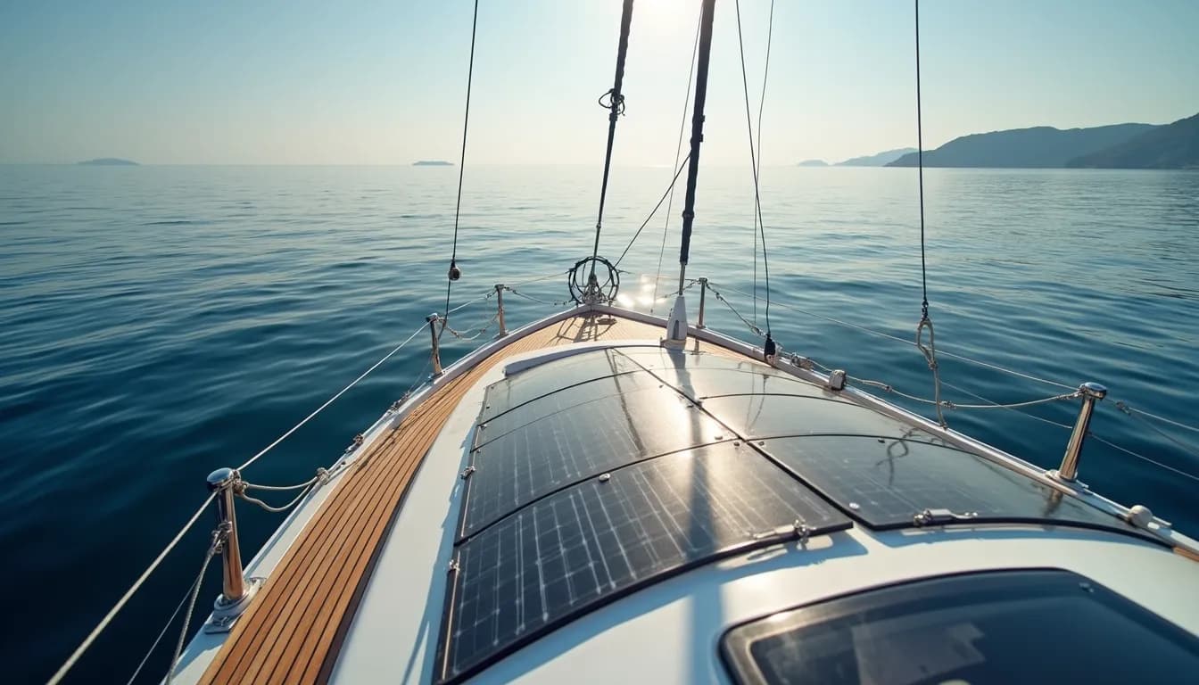 High angle view of solar arch with mounted solar panels on yacht